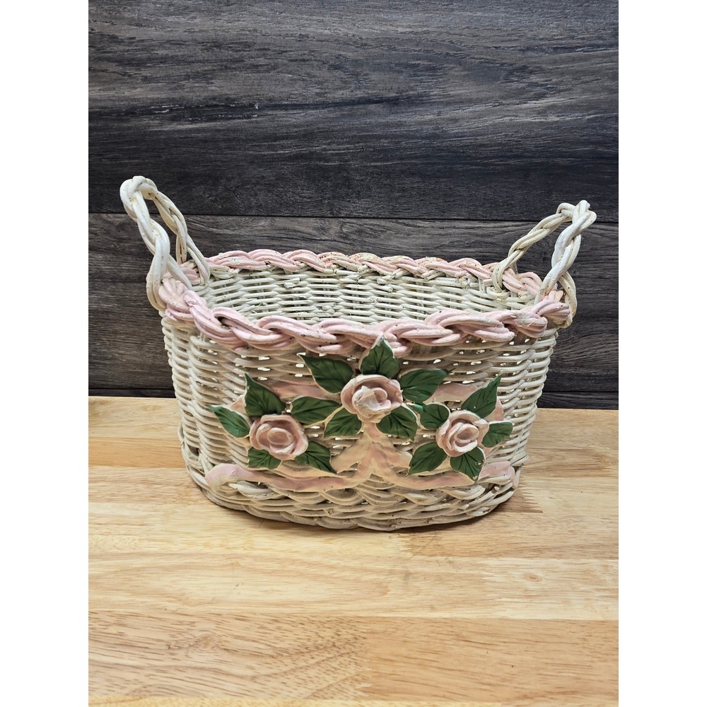 Vintage Wicker Basket White Pink Floral Rose Cottagecore Decorative Oval Handle